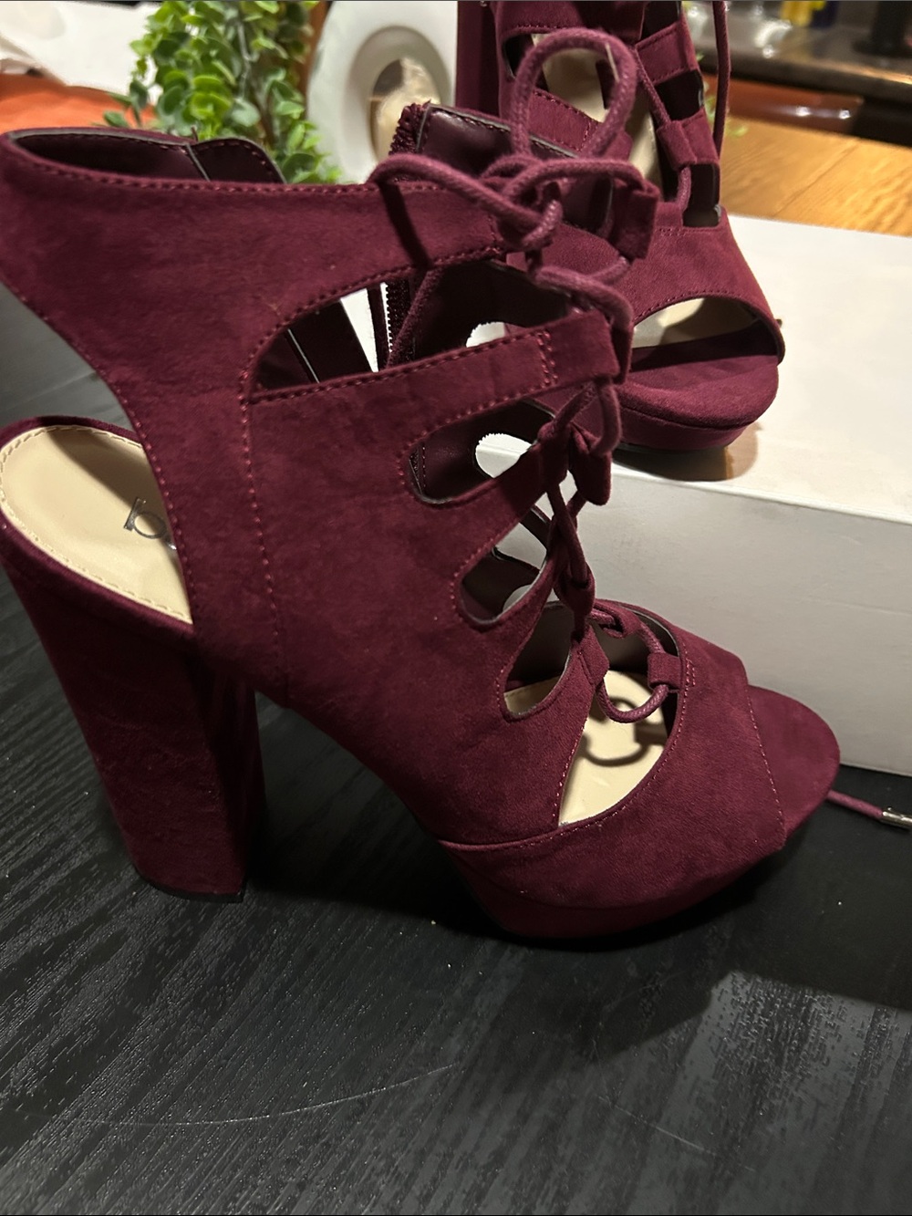 Bar III Lace-Up Block Heel Sandals in Burgundy